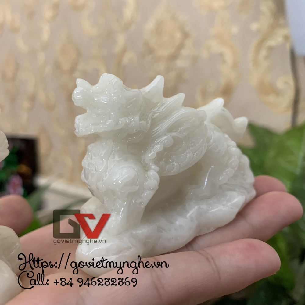 Cặp 2 tượng đá tỳ hưu trang trí phong thủy bàn làm việc - Chiều Cao 5.5cm - Trắng Đá Non Nước - Size Nhỏ