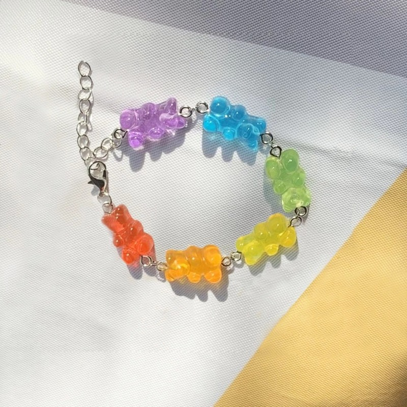 Vòng đeo tay hình gấu hoạt hình màu cầu vồng chất liệu nhựa resin thạch màu trong suốt