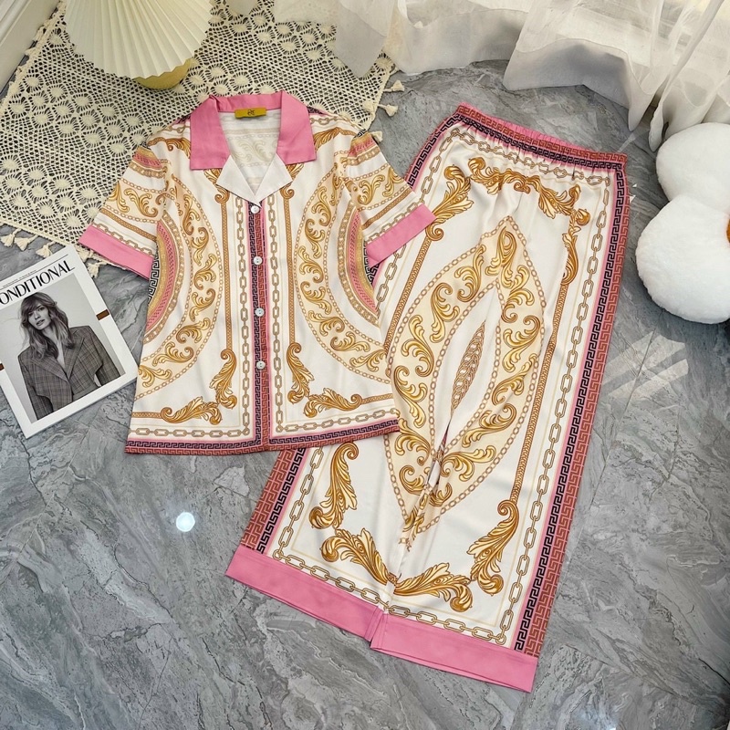 bộ ngủ mặc nhà pijama lụa mịn cao cấp Quảng Châu tay ngắn trà vàng