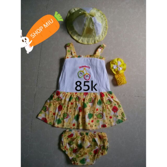 Set đầm, nón, băng đô+chip bé gái