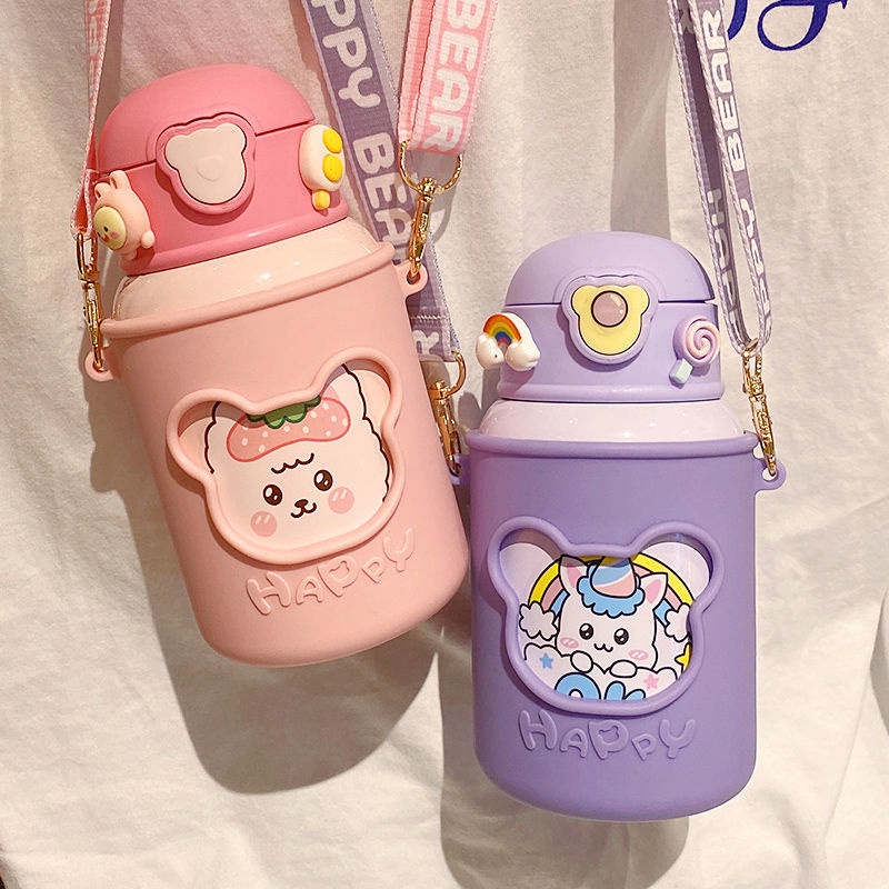 Bình Nước Bằng Thép Không Gỉ 316 Kèm Ống Hút Dễ Thương Tiện Dụng Cho Bé