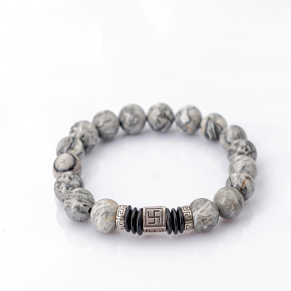 Vòng tay nam Grey Jasper 10mm + Charm Vạn - Chế tác tự nhiên - Thương hiệu Anqlo - Vòng tay phong thủy tốt cho sức khỏe