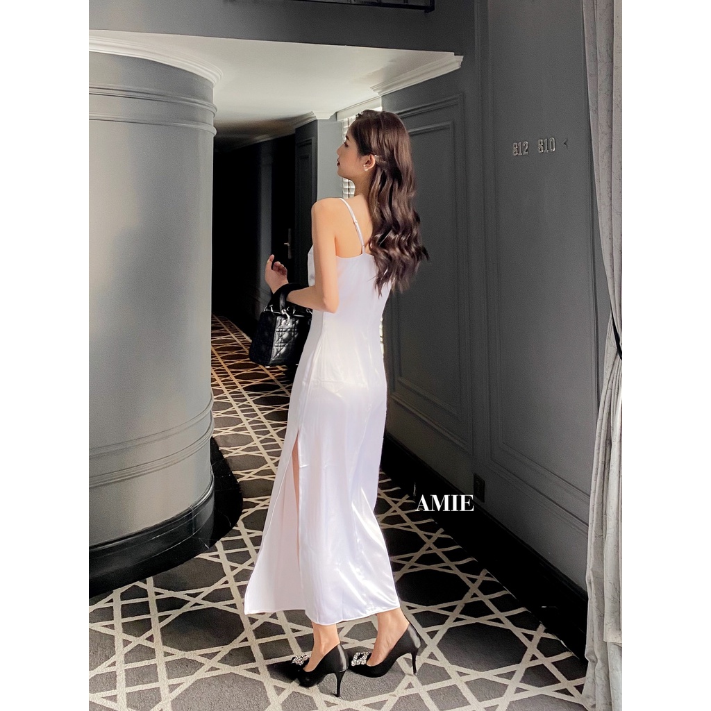 Đầm nữ AMIE thiết kế xếp ly dáng dài, váy xẻ tà cao cấp chất phi lụa sang chảnh D04