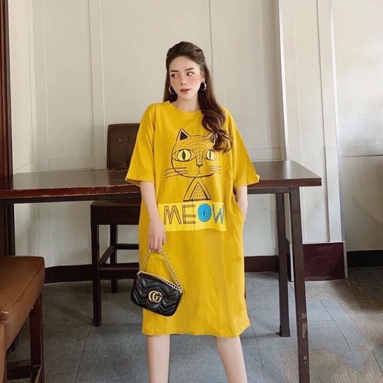 Váy ngủ xuông hoạ tiết MEOW chất cotton mịn from rộng - Đầm suông in cú mèo dạo phố nhiều màu