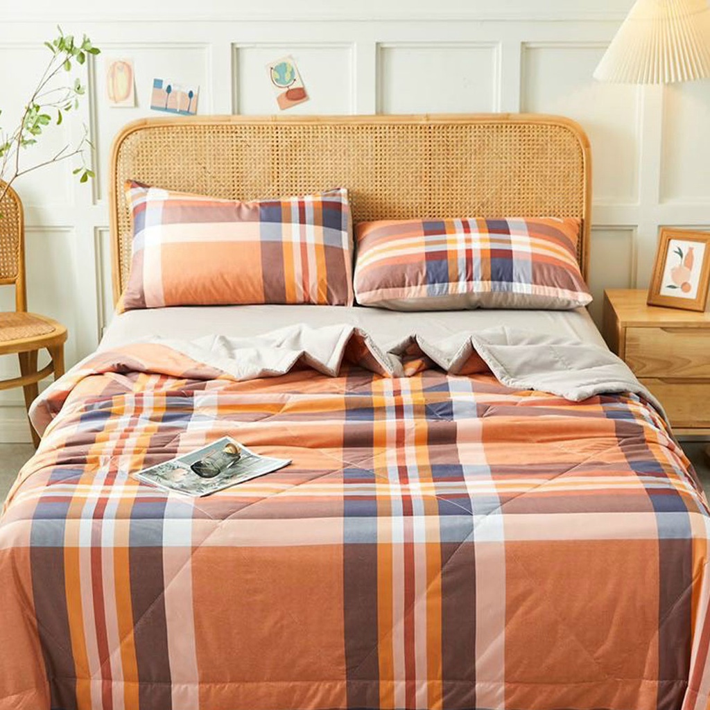 Bộ chăn ga gối cotton tici chăn trần EMMI Bedding mẫu KẺ CAM ĐẤT  grap nệm thun lạnh Hàn Quốc Drap giường đệm đủ siz