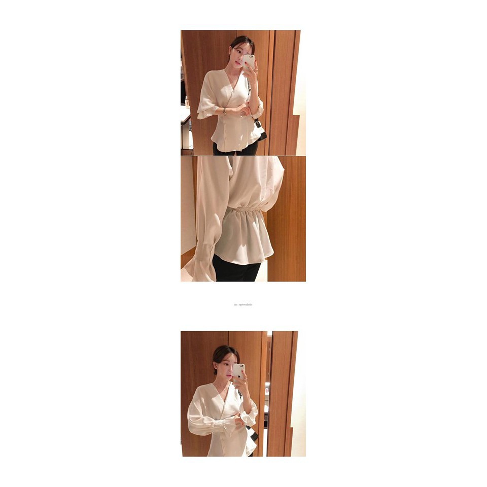 [HÀNG ORDER ~ 10 NGÀY]_ Áo somi Hàn Quốc vạt chéo cổ V tay nhún nhẹ nhàng nữ tính (CÓ VIDEO & ẢNH THẬT)