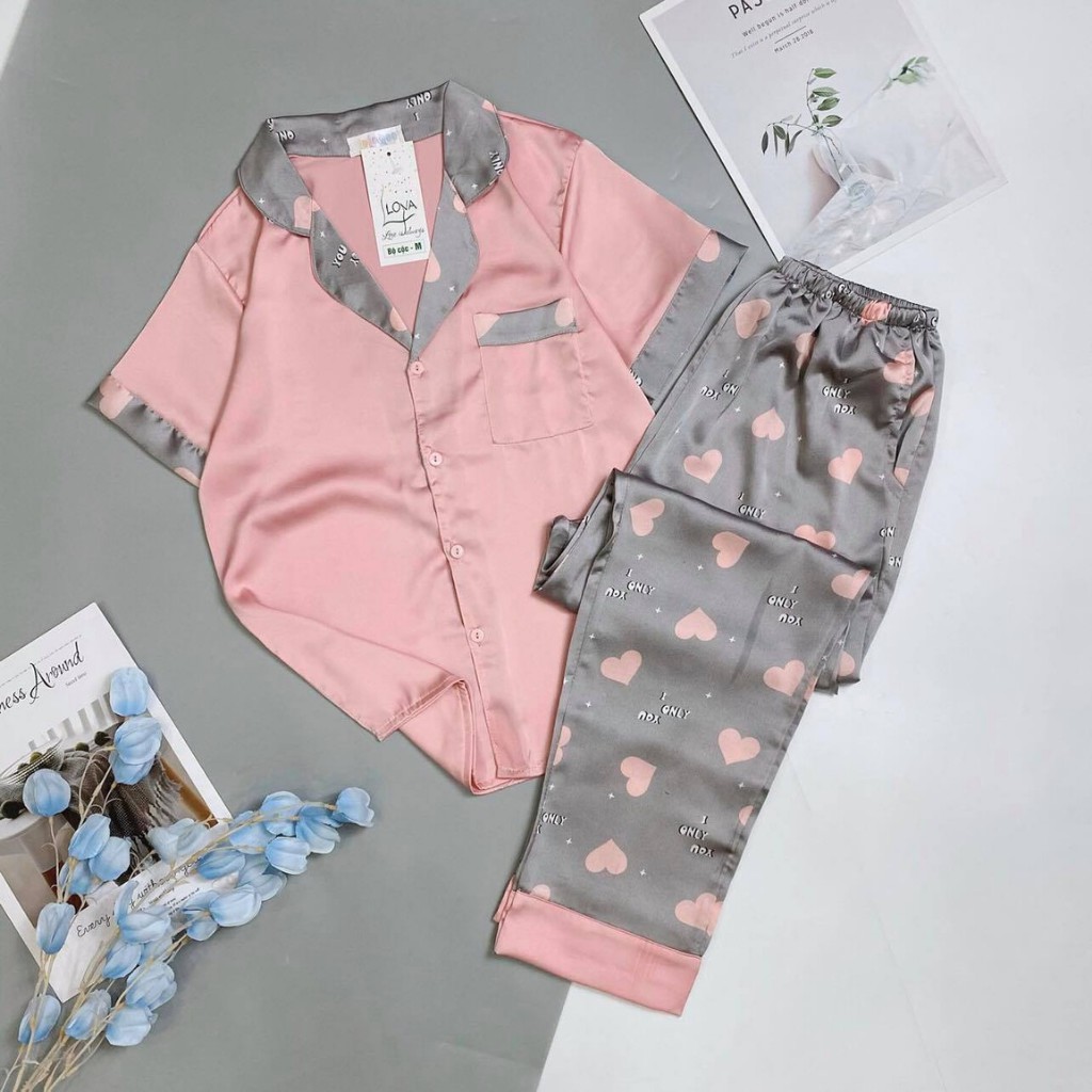 Đồ ngủ pijama lụa latin, tay cộc quần dài,mặc ở nhà H&T