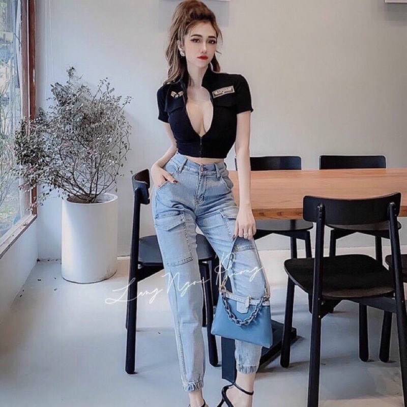 áo kiểu phối túi giả 2 bên ngực dây kéo xinh xắn