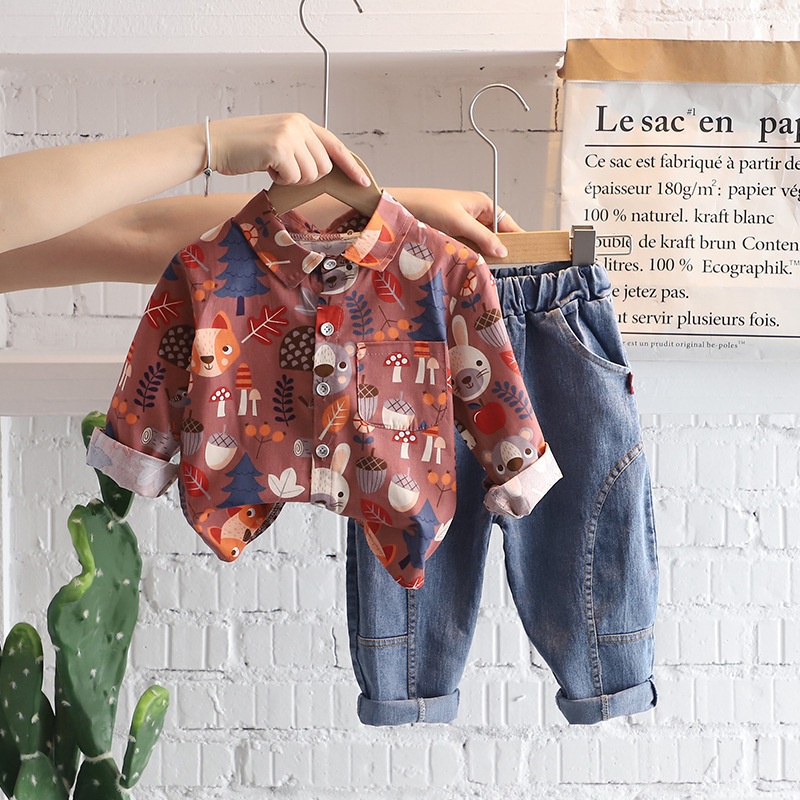 Set áo sơ mi tay dài phối quần jeans thời trang cho bé trai
