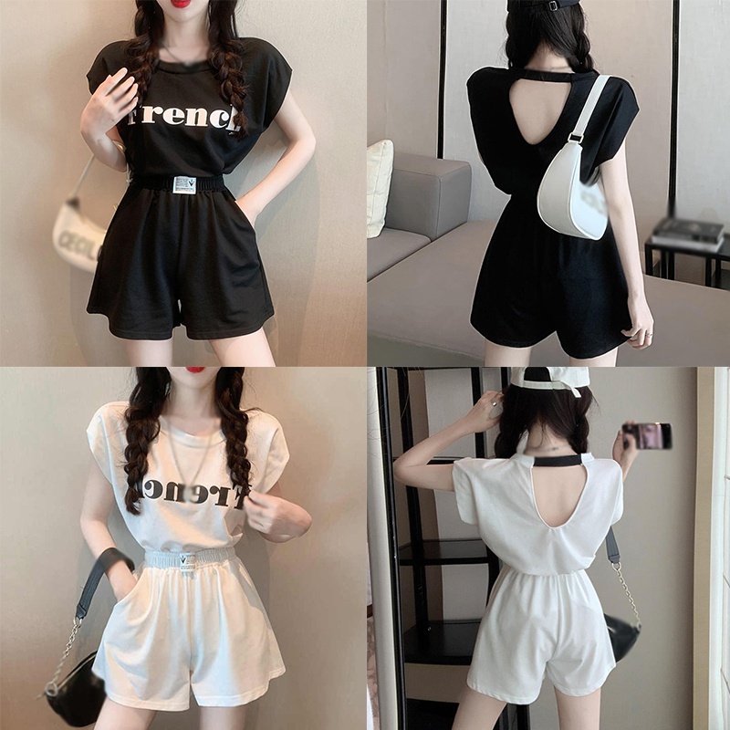 Set Áo Thun Ngắn Tay Hở Lưng + Quần Short Ống Rộng Thời Trang Nữ