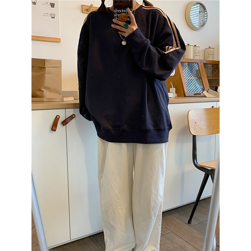 Áo Sweater Tay Dài Cổ Tròn Dáng Rộng Phong Cách Retro Hàn Quốc