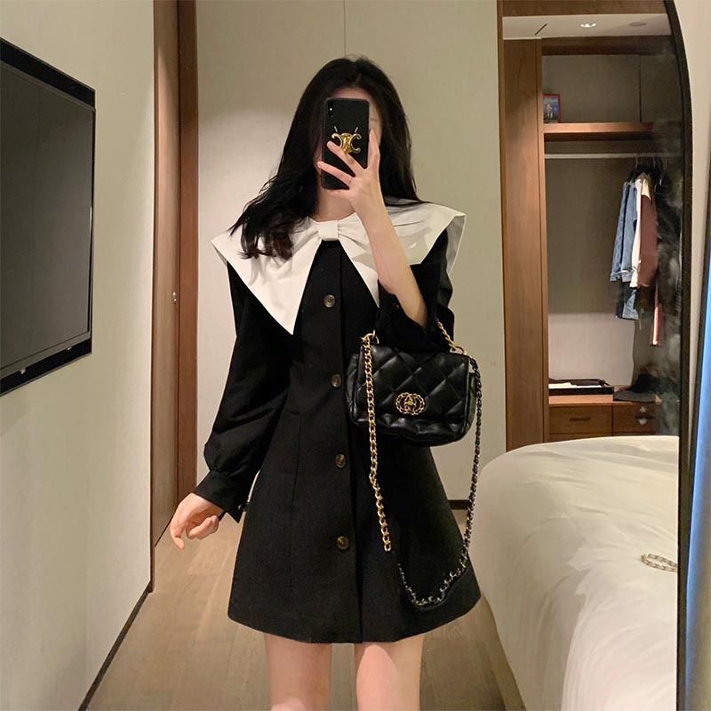 Váy babydoll Đầm Đen Ôm Eo Đính Nơ Phong Cách Pháp Thời Trang Thu Đông 2022 Cho Nữ