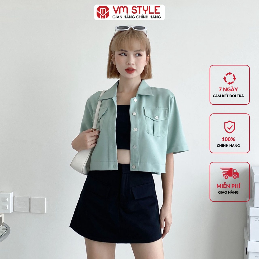 Áo sơ mi kiểu VMSTYLE tay ngắn 2 túi hộp nắp vuông form croptop 10651 SMU00025
