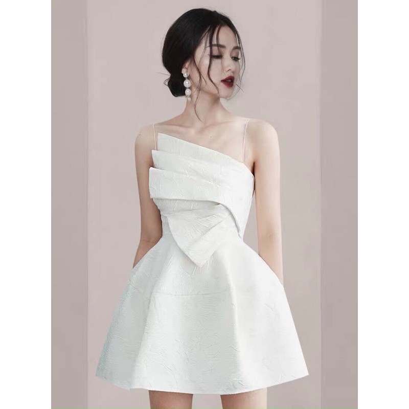 Đầm dự tiệc sang trọng MINA chất liệu gấm hoa nổi thiết kế hai dây dáng xoè đắp nơ ngực (CÓ ĐỆM NGỰC) MN126 | BigBuy360 - bigbuy360.vn