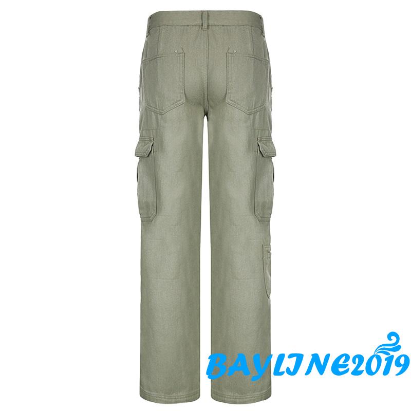 Bay-quần Jean Túi Hộp Lưng Vừa Dáng Rộng Màu Trơn Đơn Giản Với Nhiều Túi Màu Xanh Lá Cây Dành Cho Bạn Nữ