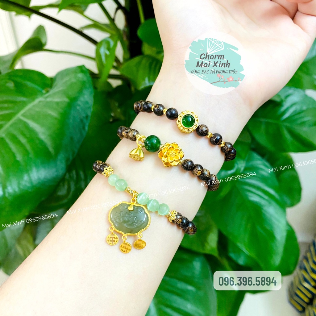Vòng Tay Sánh Chìm Mix Hoa Sen, Khóa Trường Thọ, Hạt Đính Đá Ngoc Bọc Bạc 925 - Vòng tay gỗ tự nhiên nam nữ handmade