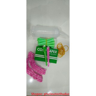 Combo dụng cụ uốn tóc gồm 2 kẹp vịt+1 hộp uốn tóc lạnh+dây thun+2 trùm đầu+1 bình tra dung dịch uốn lạnh +10 trục uốn