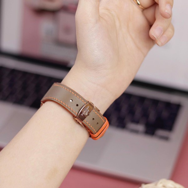 Dây Da Handmade [DA THẬT, BẢO HÀNH 1 NĂM] Swift Nâu Tây Chỉ Cam  cho Apple Watch Seris 1/2/3/4/5/6/7