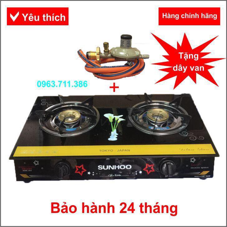 Bếp gas đôi mặt kính hiệu SUNHOO tặng kèm bộ VAN DÂY CHỐNG CHÁY NỔ