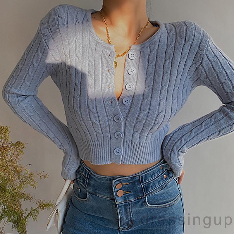 Áo cardigan dệt kim tay dài màu trơn cổ tròn thời trang cho nữ