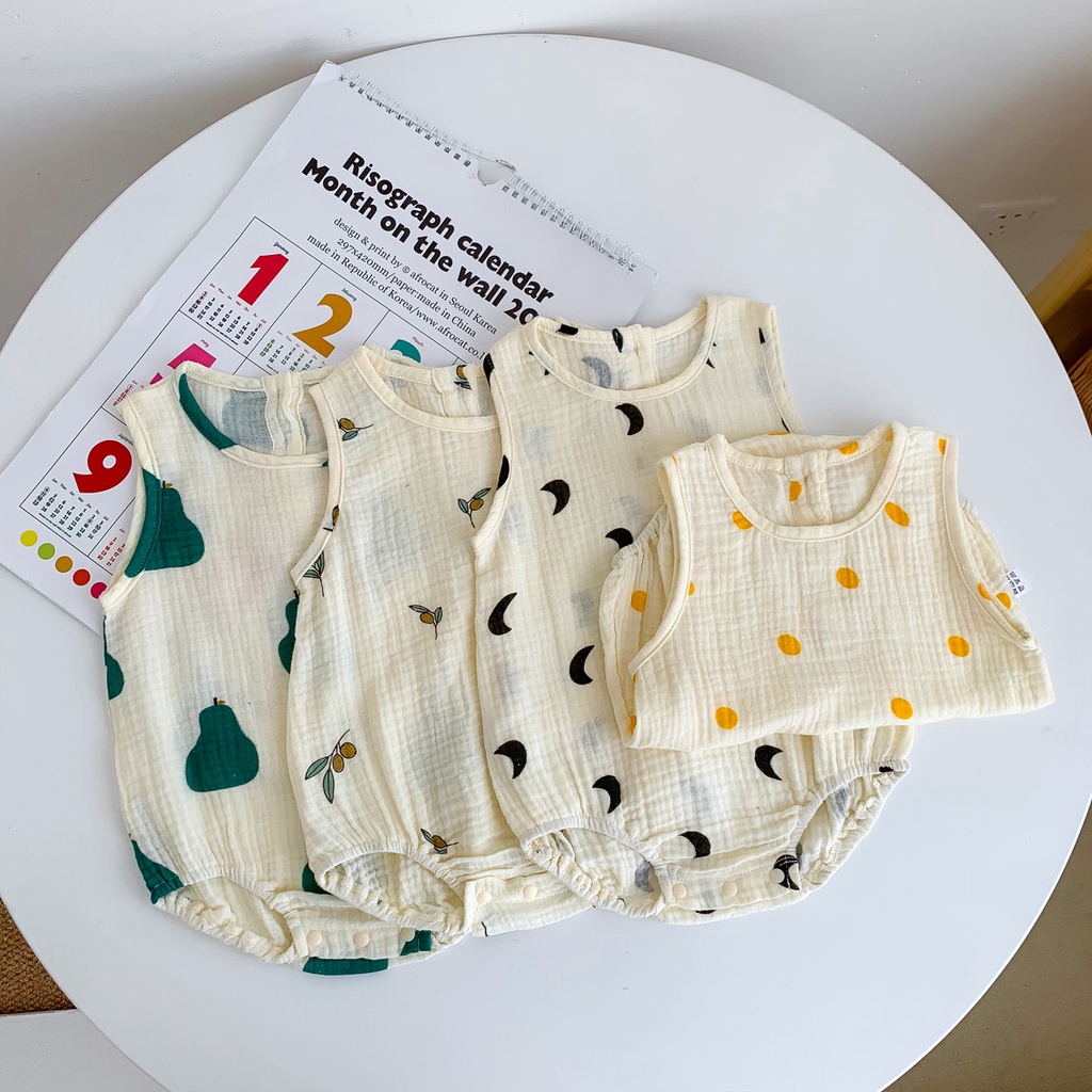 Bộ Áo Liền Quần Sát Nách Vải Cotton Thiết Kế Dễ Thương Cho Bé Sơ Sinh Từ 0-2 Tuổi