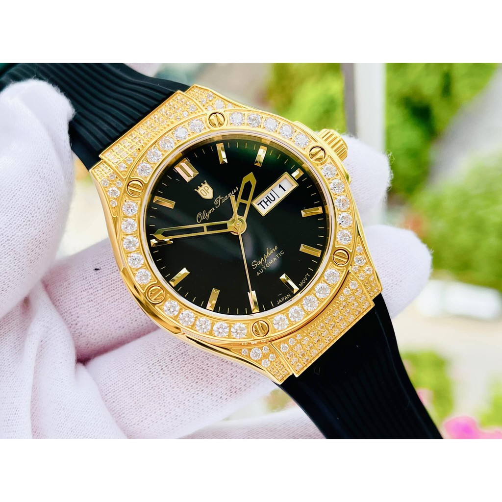 Đồng hồ nam Olym Pianus OP990-45 viền vàng, mặt đen chính hãng; Thiết kế kiểu dáng Hublot; New 100, Full box