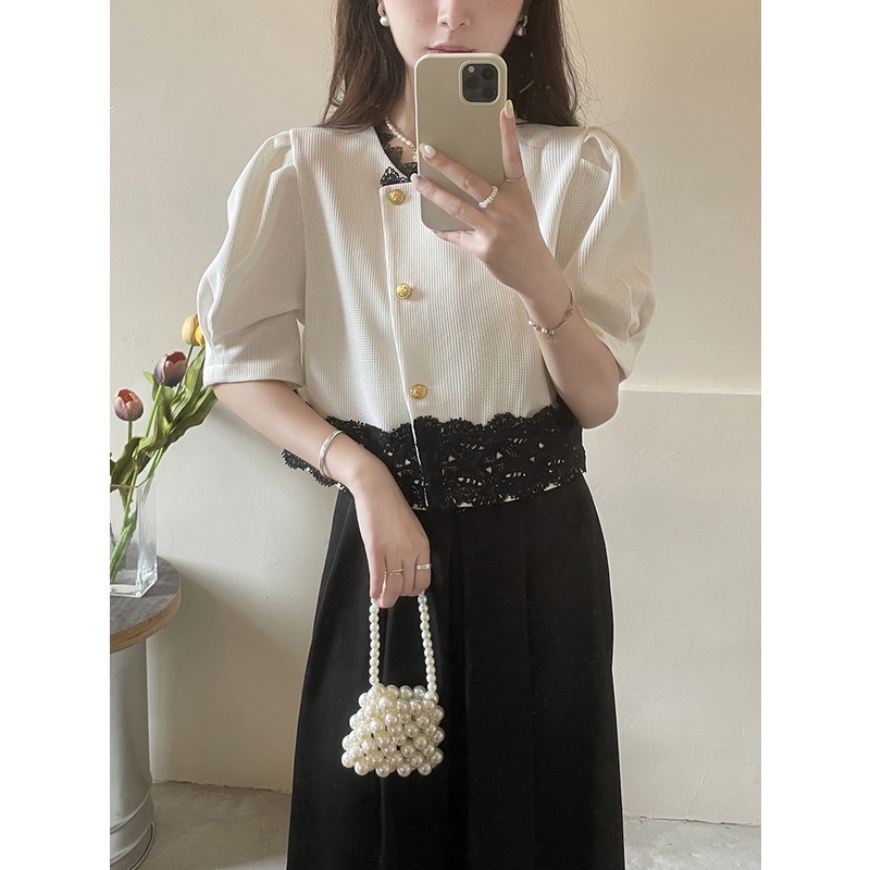 Áo Croptop Tay Ngắn Phồng Phối Ren Dáng Rộng Thời Trang Hàn Quốc Cho Nữ HZFWC4641