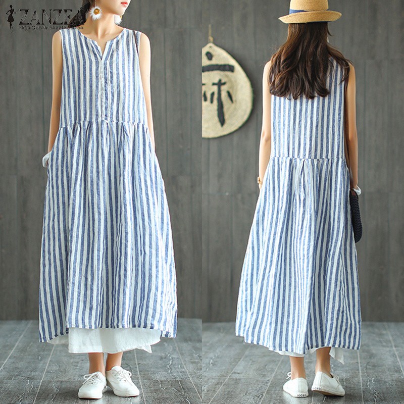 Đầm sát nách form rộng họa tiết kẻ sọc thời trang dành cho nữ | BigBuy360 - bigbuy360.vn