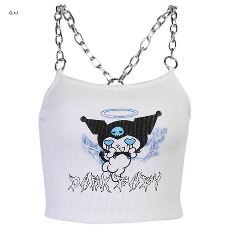 Áo Croptop Hai Dây In Họa Tiết Anime Phối Dây Xích Kim Loại Cho Nữ
