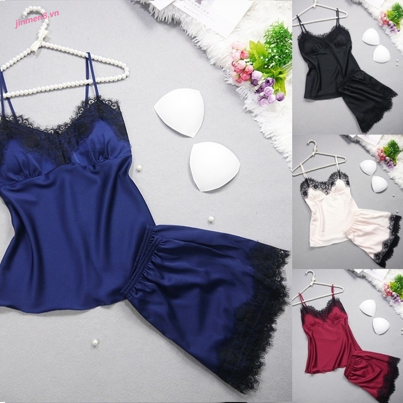 Set Đồ Ngủ Vải Phi Bóng Phối Ren Gợi Cảm Cho Nữ