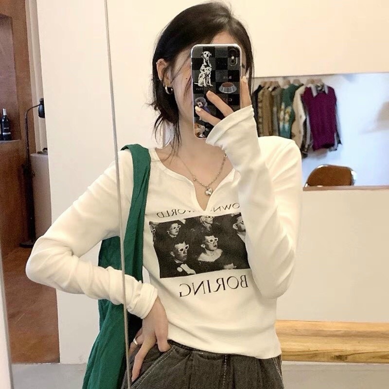 Áo thun dài tay cổ xẻ V hai màu xám trắng GB alohashop91