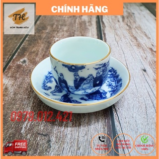 Chén, đĩa lẻ men lam Bát Tràng kẻ vàng kim