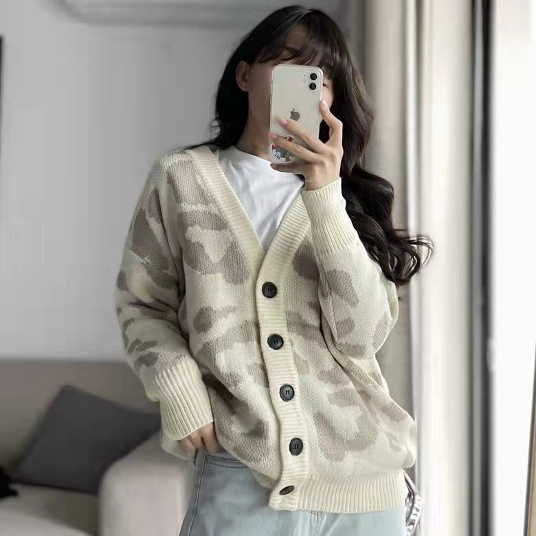 Áo khoác cardigan len họa tiết da báo dáng dài