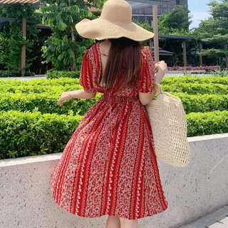 [KÈM QUÀ TẶNG] Đầm thổ cẩm đỏ buộc dây lưng