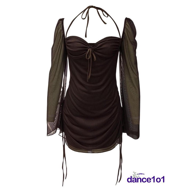 ✭QH★Women´s Solid Color Long Sleeve Drawstring Pleated Halter Neck Mini Dress