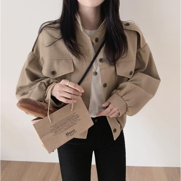 Áo khoác cổ đứng màu trơn thiết kế có túi trẻ trung 37715