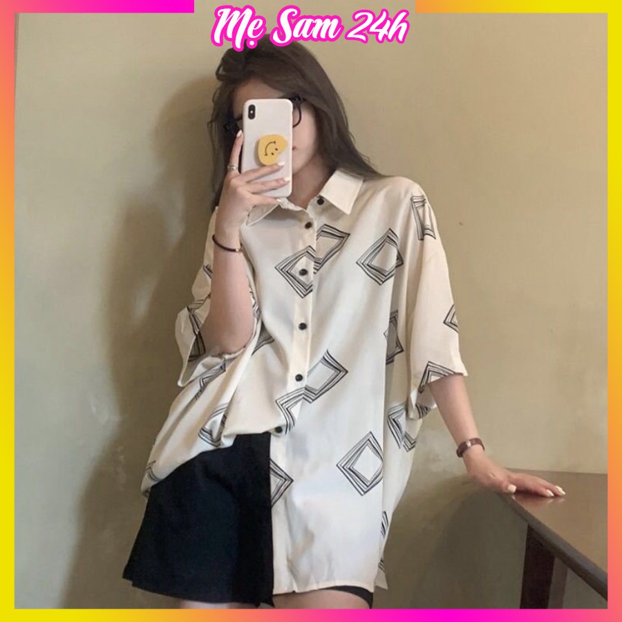 Áo sơ mi nữ form rộng tay lỡ freesize Mẹ Sam 24h, chất liệu đũi mềm mát, họa tiết in hình Ô Vuông Đen Trắng