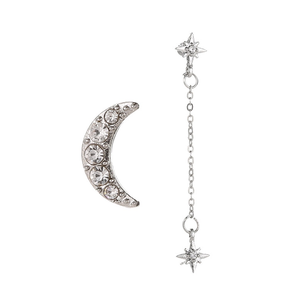 Classic  Personality Temperament Moon Star Rhinestone Chain Earrings Geometric Tassel Stud Ear Clip Jewelry