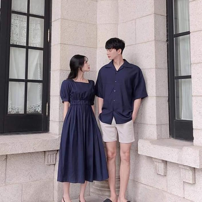 Áo đôi áo cặp 🎀FREESHIP🎀 Váy nữ dài áo sơ mi nam cổ V Hàn Quốc màu xanh than chụp ảnh cưới du lịch AV97 .