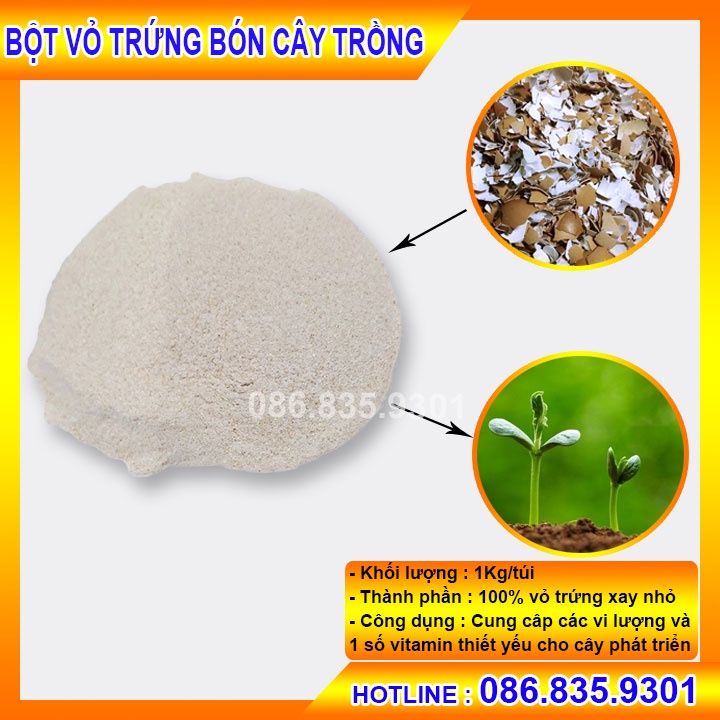 Bột Vỏ Trứng Gà  - gói 1kg túi zip - Bổ Sung Canxi & Khoáng Chất Cho Cây  Và Chống Ốc Sên Gây Hại