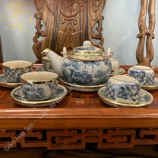 [Bát Tràng] Bộ Ấm Chén Men Rạn Giả Cổ Dáng Nhật Bọc Đồng