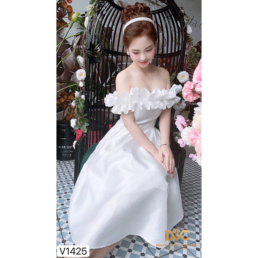 Váy xòe trắng trễ vai V1425 - Đẹp Shop DVC (Kèm ảnh thật trải sàn do shop tự chụp) | BigBuy360 - bigbuy360.vn