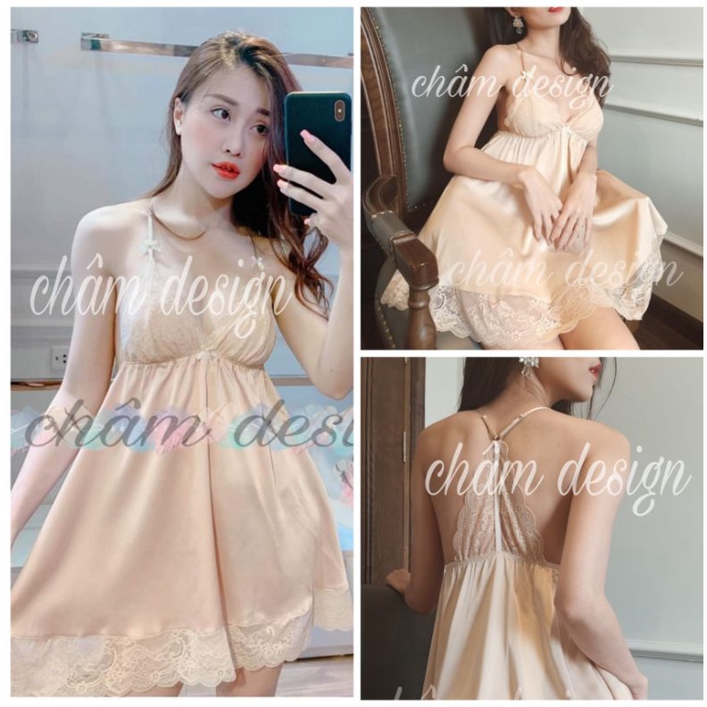 váy ngủ lụa satin màu da có ren lưng sau. Hàng thiết kế độc quyền