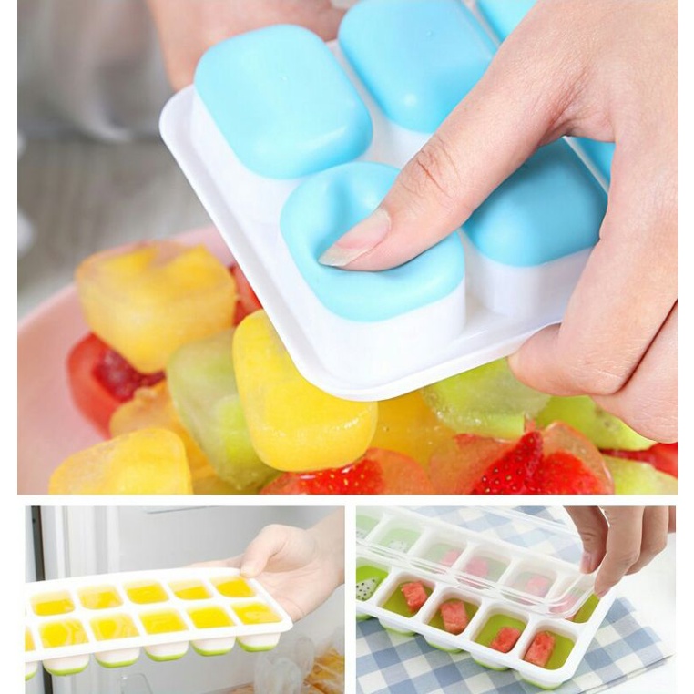 Khay Đá Có Nắp Đậy Silicon 14 Viên, Khay Làm Đá, Thạch, Kem Bảo Quản Chống Mùi Tuyệt Đối Trong Tủ Lạnh