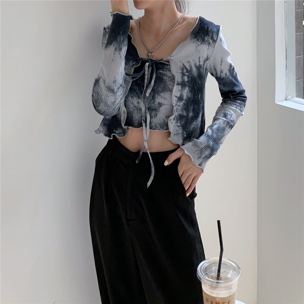 Áo kiểu nữ Cardigan Màu loang lổ Cá tính Ulzzang Hàn Quốc Áo kiểu nữ Phong các Cá tính Thời trang