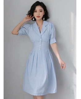 Đầm váy sơ mi sọc xanh bo eo (kèm hình thật)