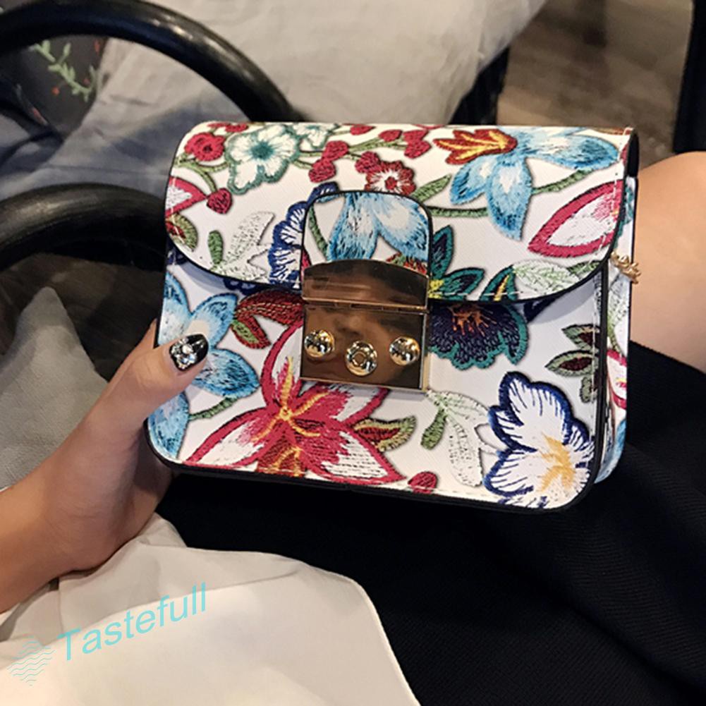 TT Women PU Leather Flower Printed Mini Chain Bag Shoulder Crossbody Bag