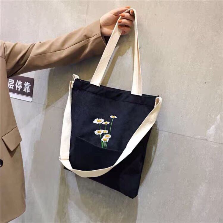 Túi tote vải canvas đựng đồ đi học đi chơi vừa size A4 Hàn Quốc in hinh hoa cúc