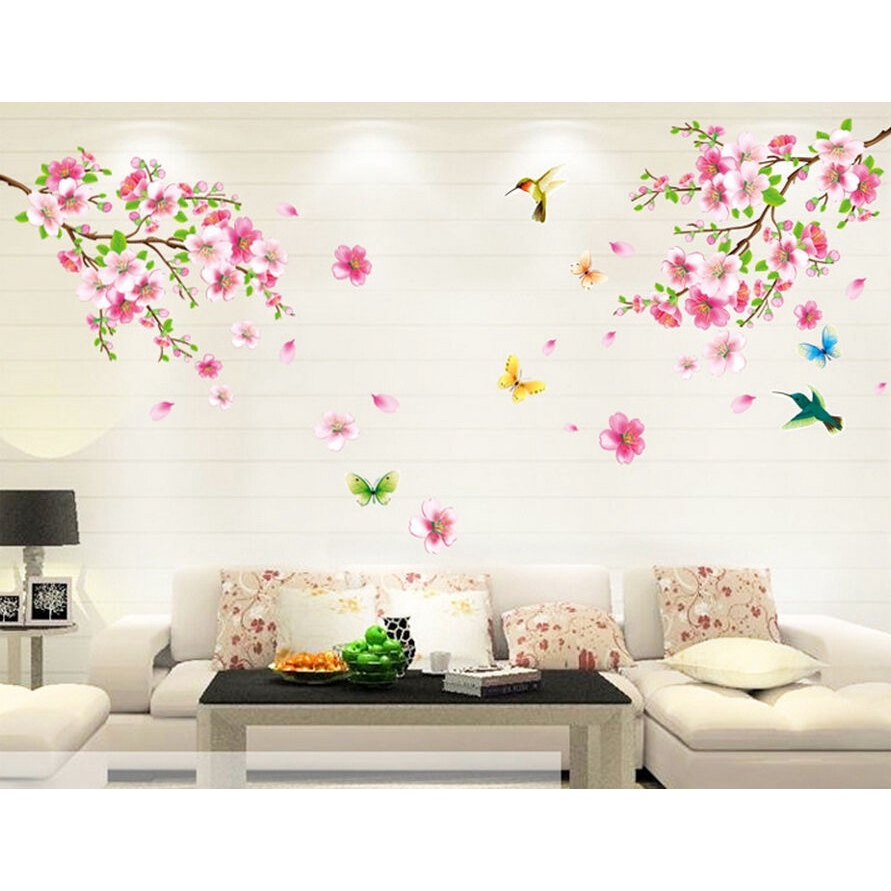 Miếng dán tường trang trí hình dáng nhánh hoa anh đào và chim bướm độc đáo