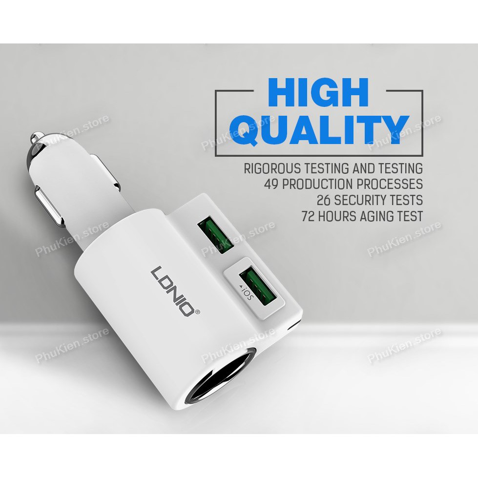 Cốc sạc cao cấp trên ô tô (car charger) có cổng Cigarette mở rộng có IC ổn dòngLDNIO CM10 Trắng 2 USB 21W